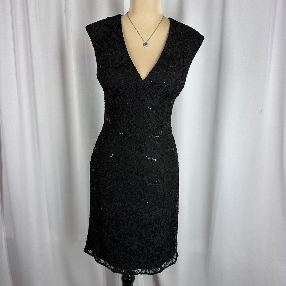 Davids Bridal Black Lace Dress Size 8 Sequin V Neck Open Back‎ Formal